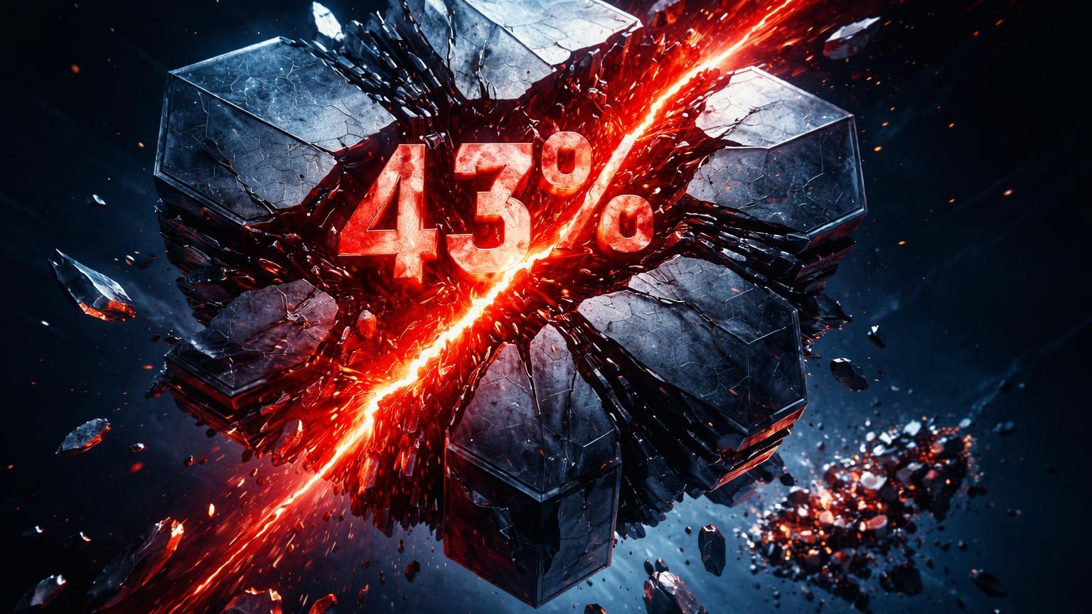 Estrutura cristalina hexagonal rachando com '43%' na fenda vermelha, simbolizando 43% do Bitcoin em prejuízo e crise Cardano