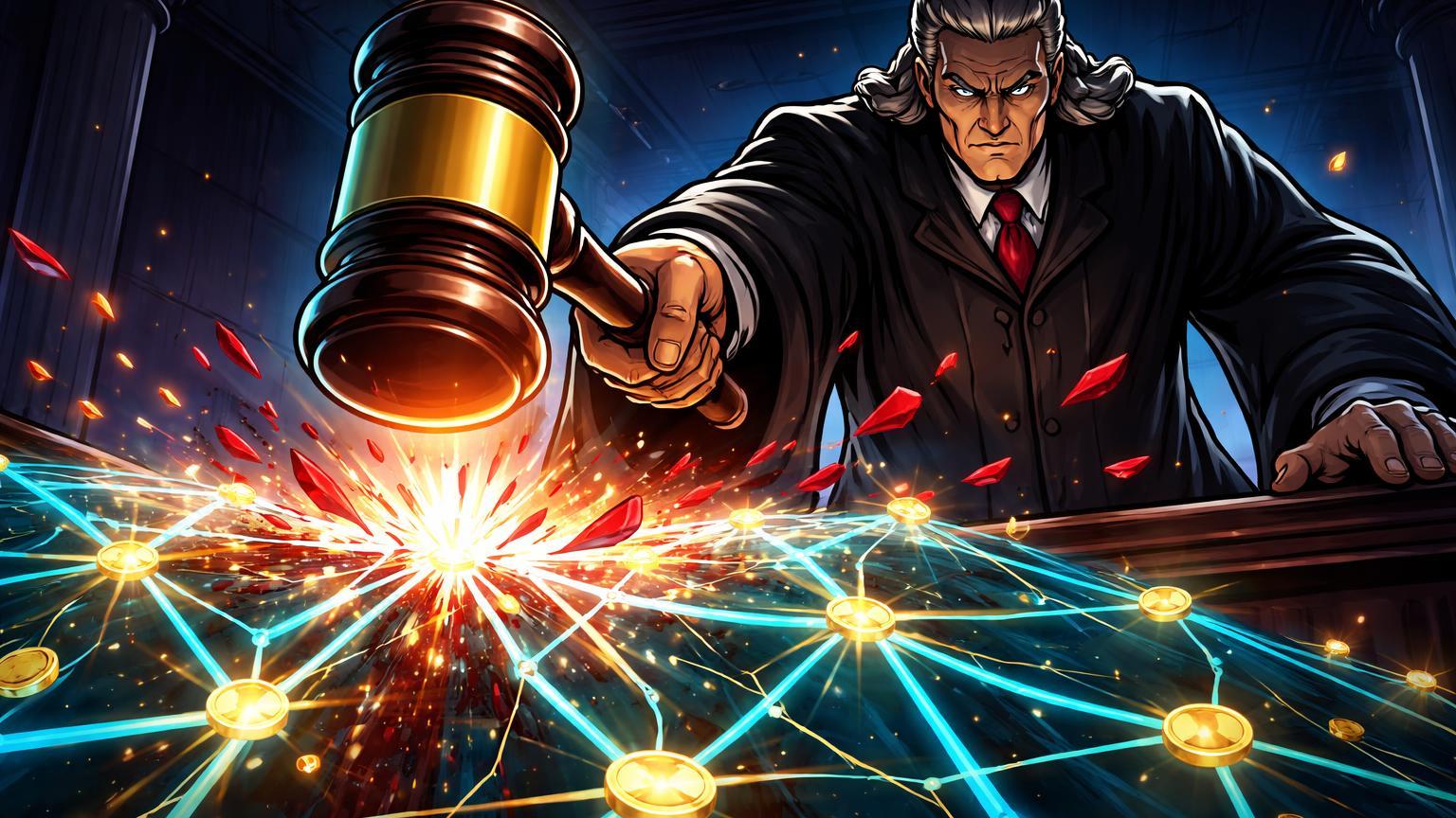 Juiz cartoon martelando rede digital de cripto fragmentada, simbolizando repressão chinesa a crimes como lavagem de dinheiro