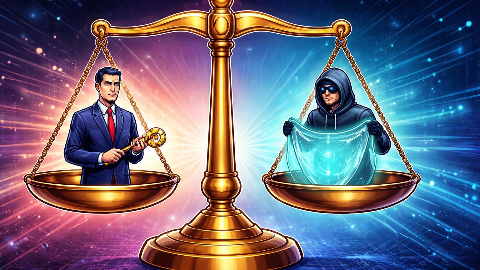 Balança em equilíbrio com burocrata governamental e usuário cripto segurando véu de privacidade, marcando reconhecimento de mixers cripto nos EUA