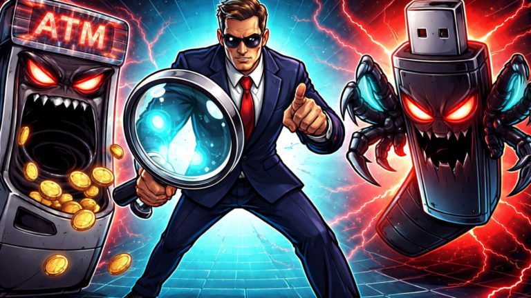 Agente cartoon apontando para ATM maligna sugando moedas e pendrive com garras IA, alertando fraudes em crypto ATMs e riscos OpenClaw