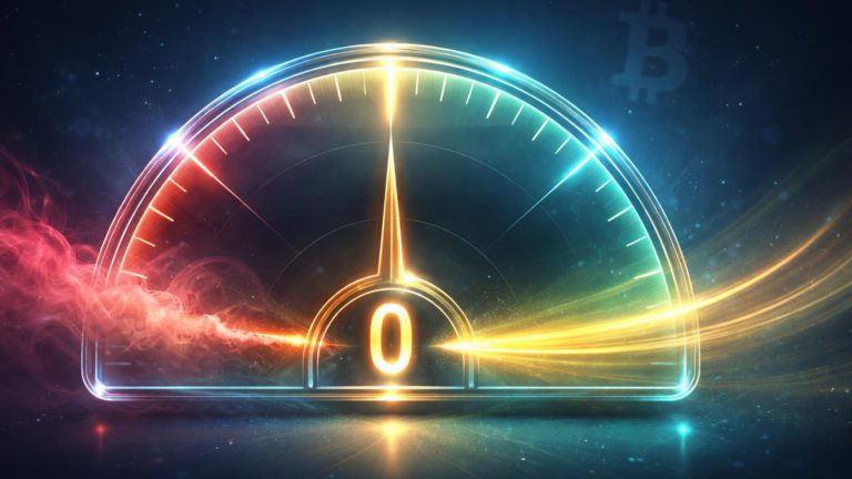 Medidor glassmorphism no zero neutro com névoa vermelha dissipando e luz dourada fluindo, sinalizando alívio no deságio do Bitcoin na Coinbase