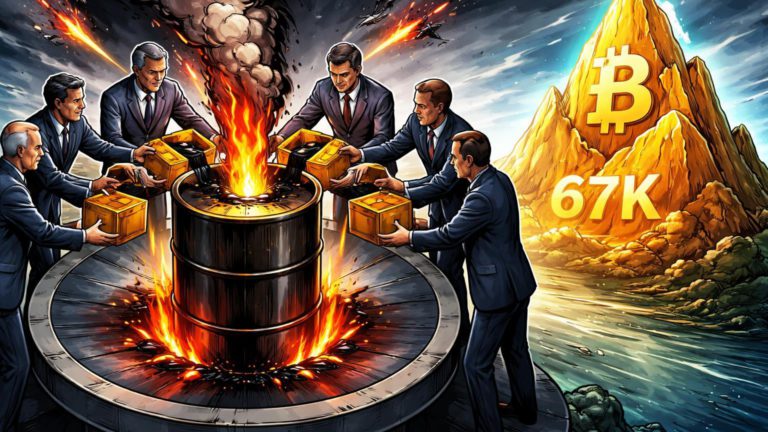 Líderes G7 cartoon injetando reservas em barril de petróleo instável, contrastando com montanha Bitcoin estável em 67K, simbolizando resiliência cripto em geopolítica