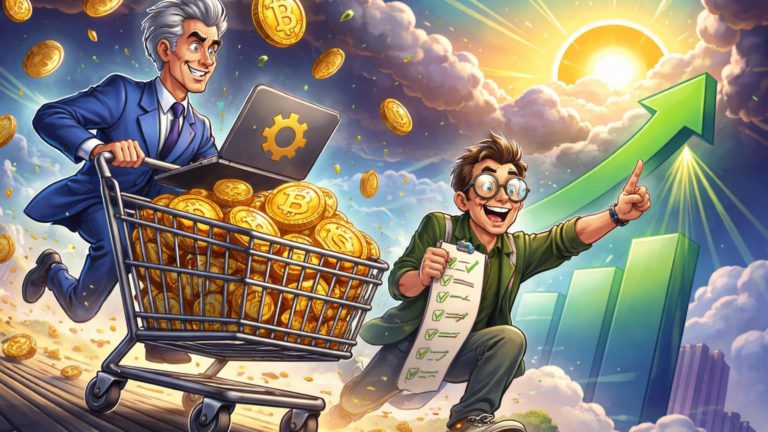 Personagens cartoon CEO corporativo coletando moedas BTC em chuva com analista dando thumbs up para sol bullish, simbolizando compra de Saylor e tese alta de Pal