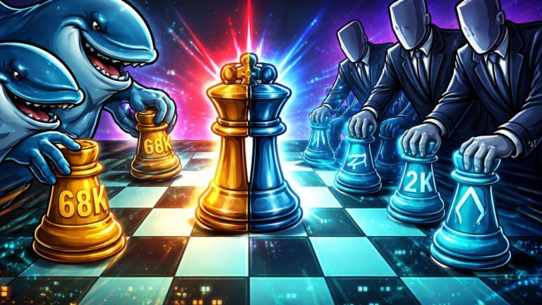 Baleias cartoon vs executivos institucionais em tabuleiro de xadrez com peças BTC 68K e ETH 2K, simbolizando tensão entre acumulação e pressão no mercado