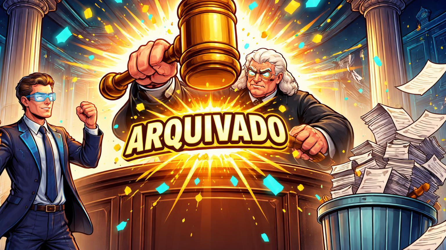 Juiz cartoon batendo martelo com selo ARQUIVADO, executivo tech celebrando vitória da Binance em tribunal dos EUA