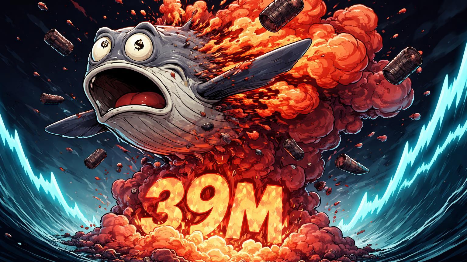 Baleia cartoon se dissolvendo em fumaça vermelha com 39M, simbolizando liquidações de US$ 39 milhões em posições short de petróleo no Hyperliquid