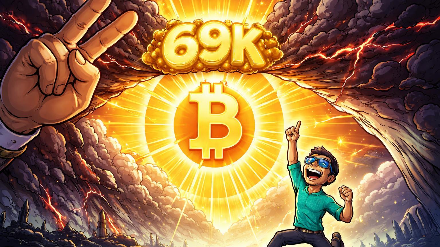Mão cartoon afastando nuvens escuras de fumaça, revelando sol dourado do Bitcoin com 69K, simbolizando alívio geopolítico e alta impulsionada por Trump