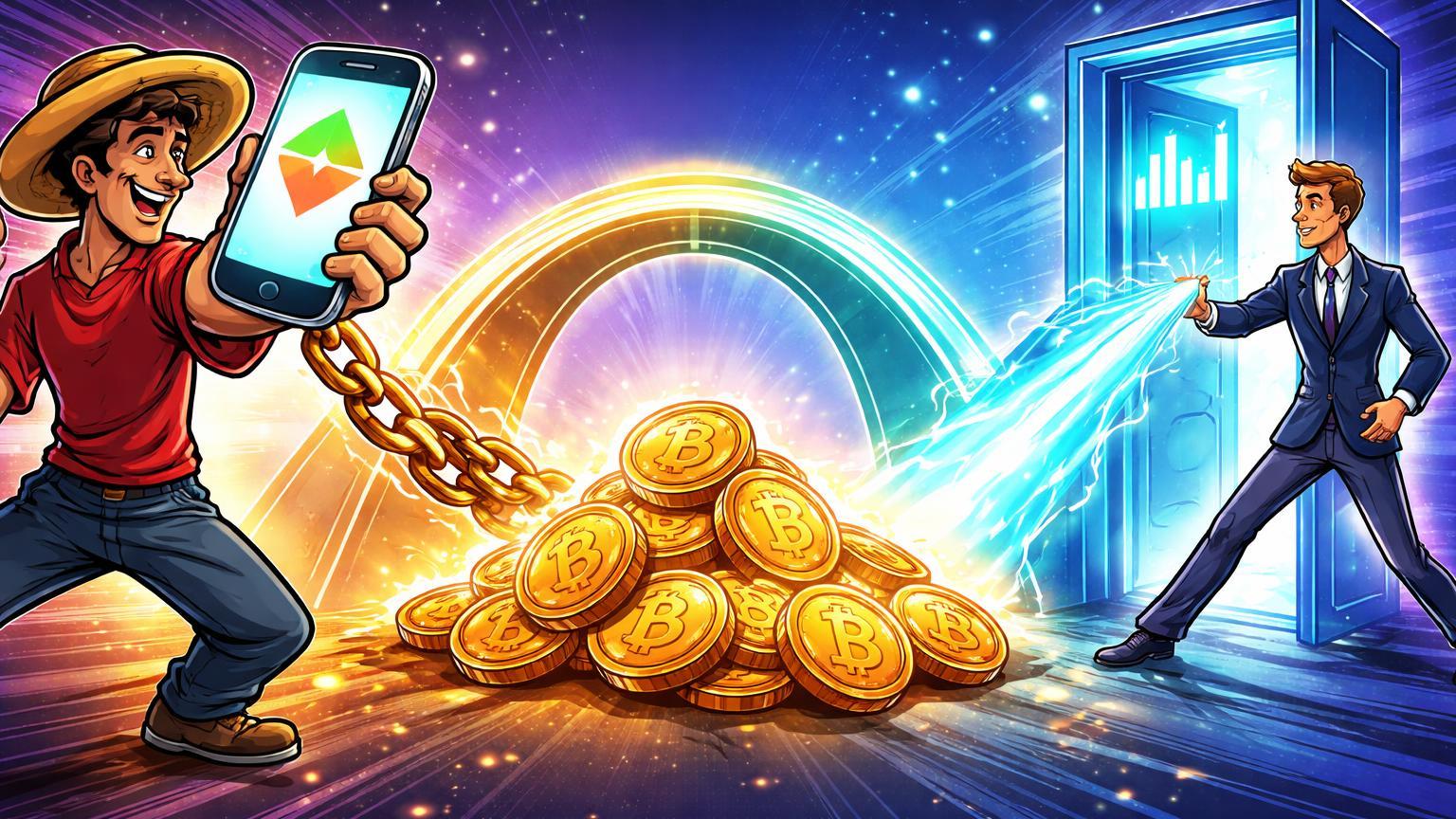 Personagens cartoon sul-americano com Pix e europeu com futuros conectados por ponte digital a pilha de Bitcoin, simbolizando acesso sem taxas na Argentina e lançamento da Coinbase na UE