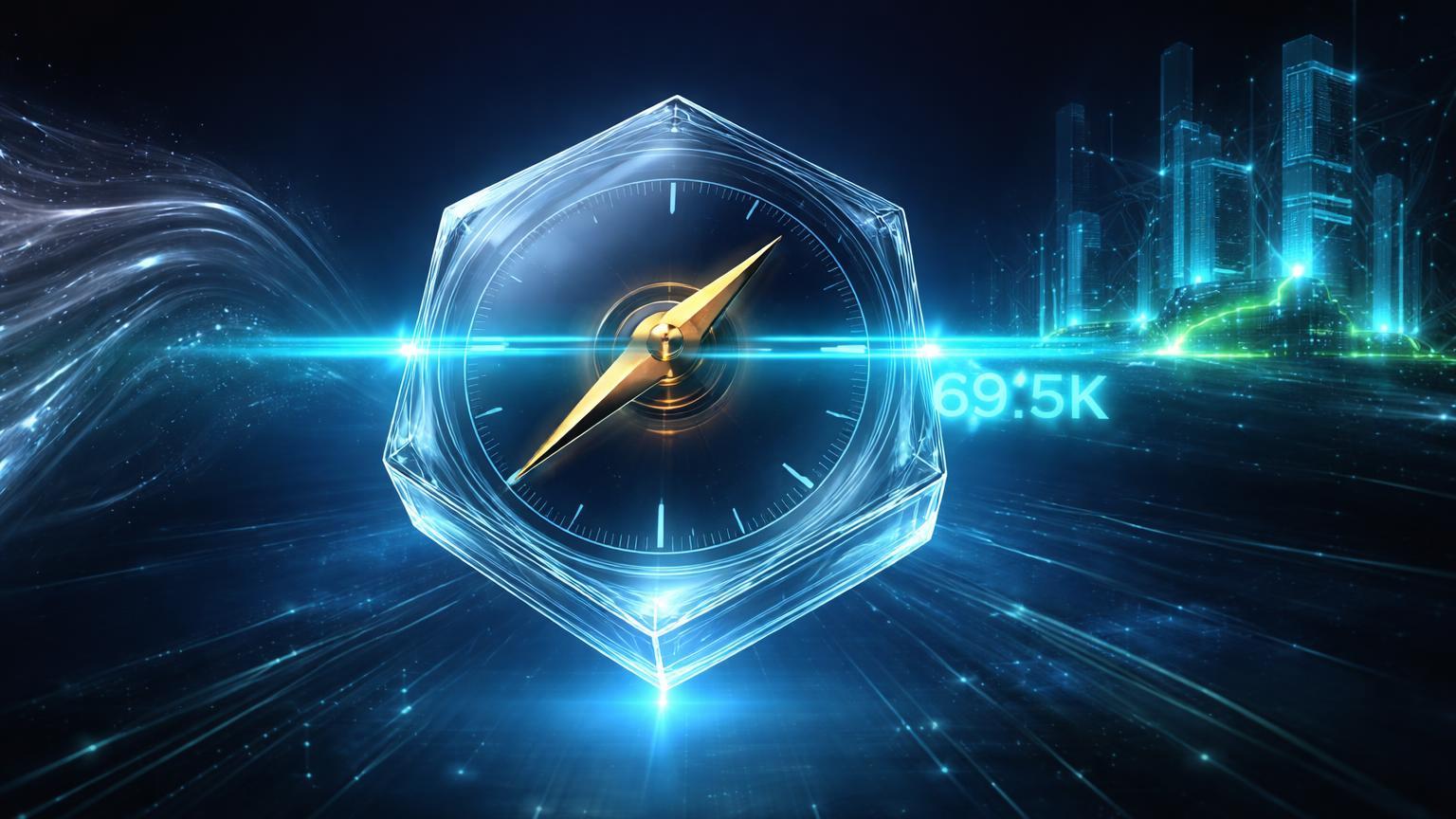 Bússola glassmorphism com agulha dourada testando barreira 69.5K, fluxos prateado e data centers cyan, simbolizando níveis críticos de Bitcoin e IA