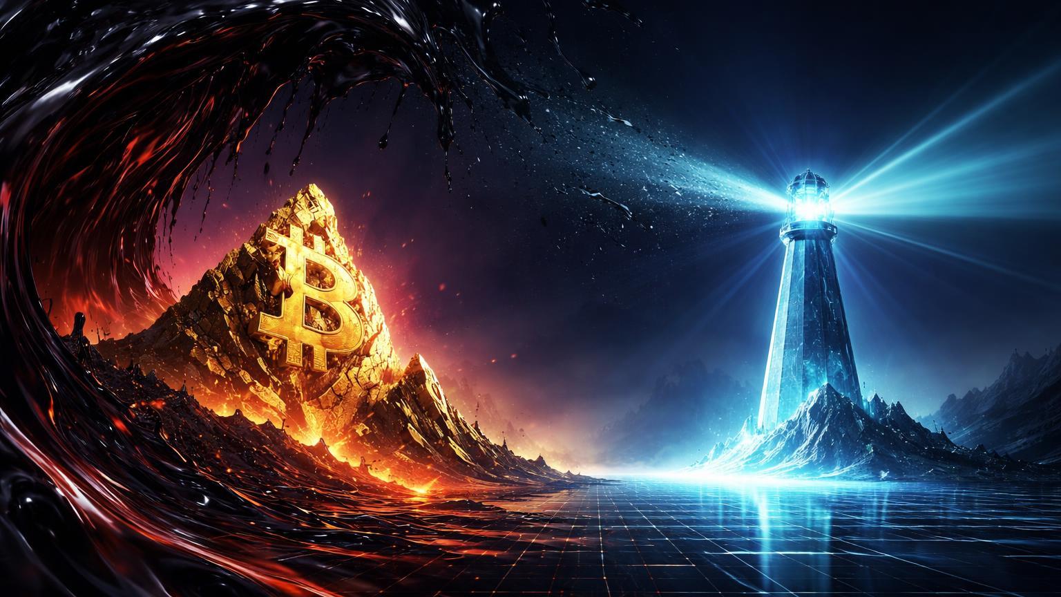 Onda de óleo negro surreal derrubando montanha Bitcoin dourada, com farol cyan de stablecoins emitindo luz resiliente em meio à crise