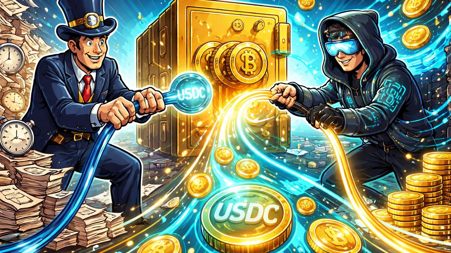 Executivos cartoon conectando cofre de seguros a rede blockchain com fluxo de stablecoins USDC, simbolizando prova de conceito da Aon em pagamentos on-chain