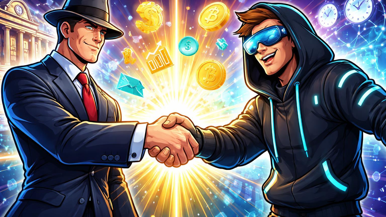 Executivos cartoon de TradFi e crypto apertando mãos com luz transformando ações em tokens, simbolizando parceria Nasdaq-Kraken para xStocks 24/7