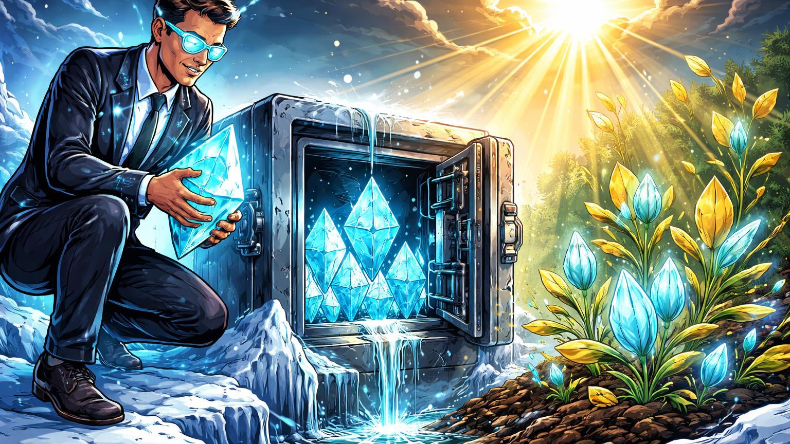 Investidor cartoon adicionando cristais ETH a cofre gelado que brota flores luminosas, simbolizando acumulação institucional e fim do inverno cripto