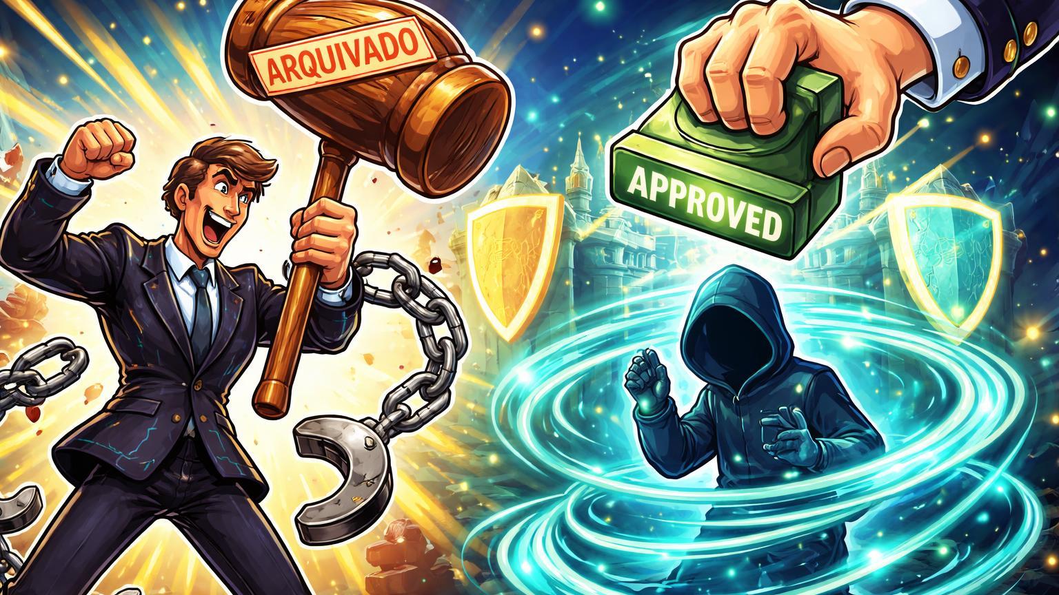Executivo cartoon rompendo algemas judiciais e usuário sob véu de mixer com selo de aprovação, simbolizando vitória da Binance e apoio a privacidade em cripto