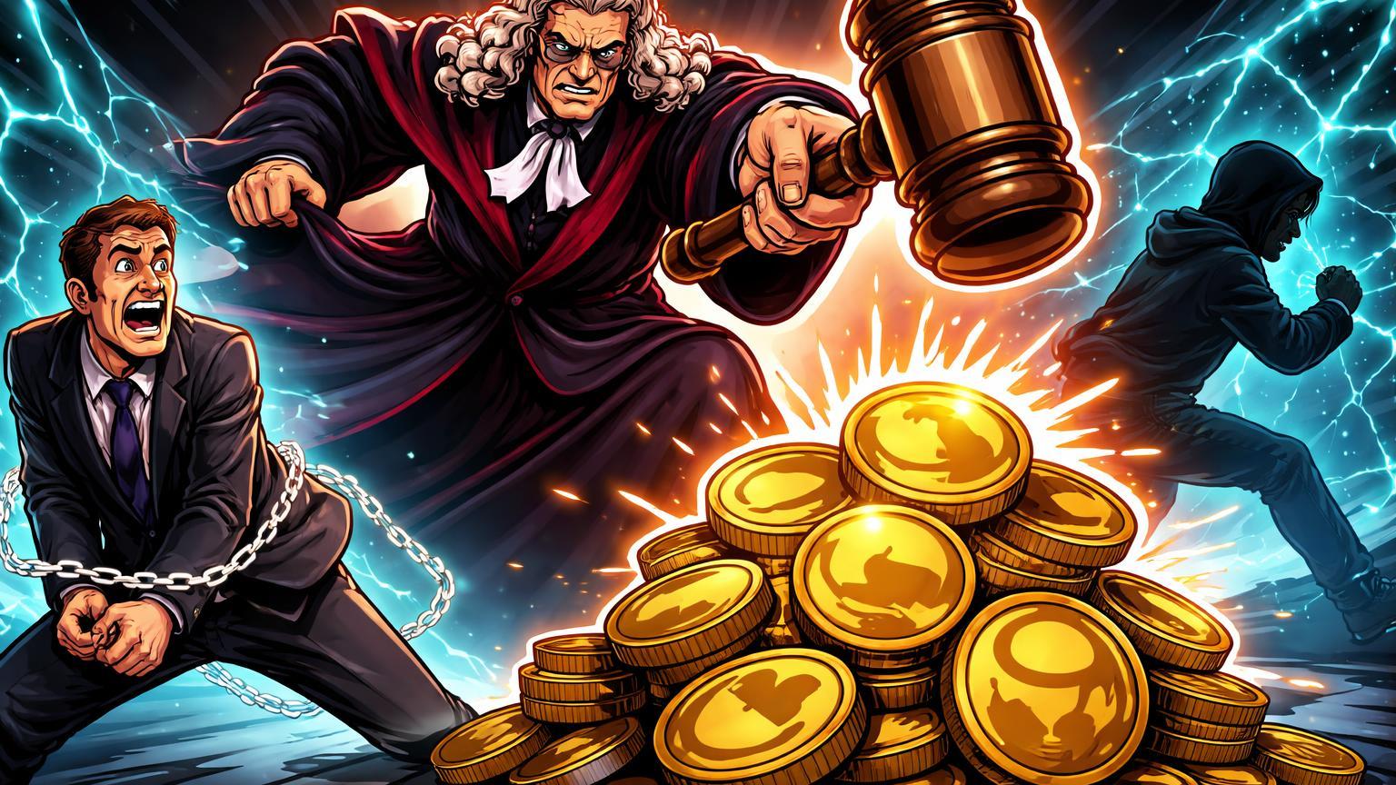 Juiz cartoon martelando pilha de criptos roubadas com rede cyan fechando sobre hacker e executivo algemado, simbolizando punições a fraudes cripto