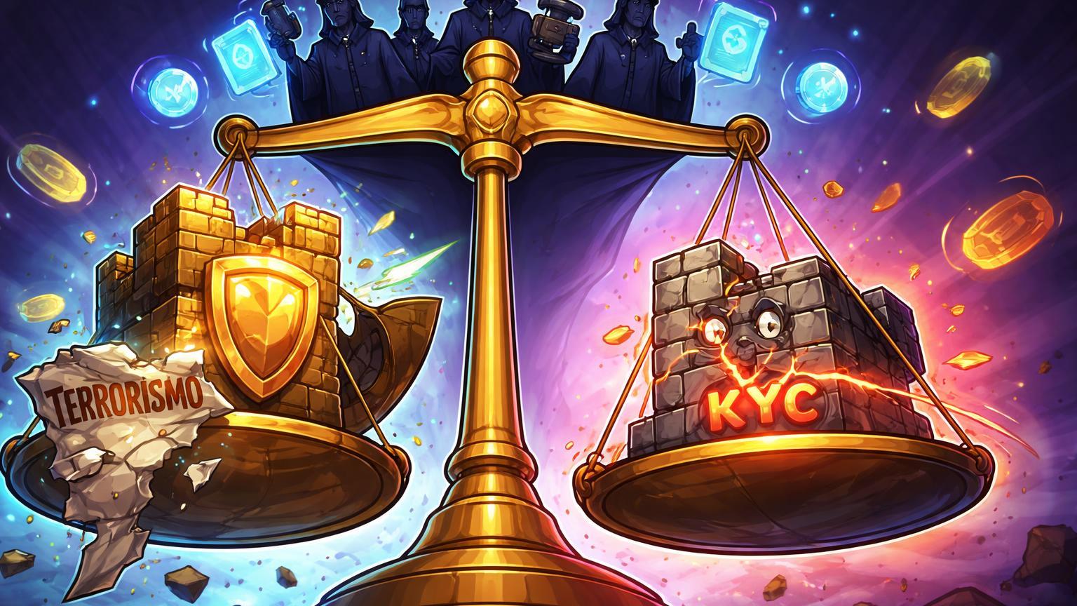 Balança judicial cartoon com Binance vitoriosa rejeitando processo de terrorismo e Bithumb punida por falhas KYC em regras de compliance