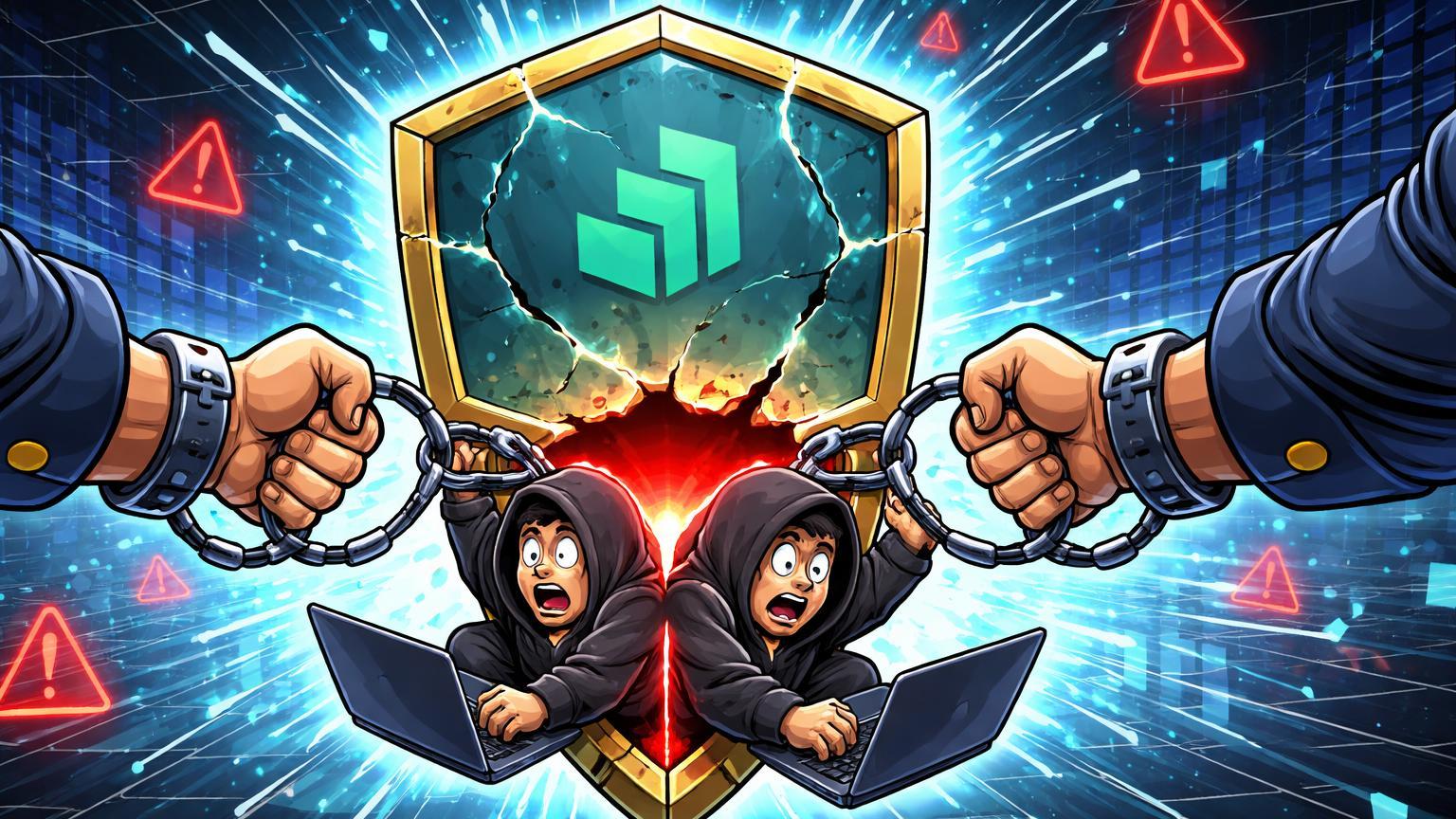 Hackers cartoon sendo algemados e puxados de brecha em escudo DeFi por policiais, simbolizando hacks em Compound/Gondixyz e prisão de quadrilha cripto