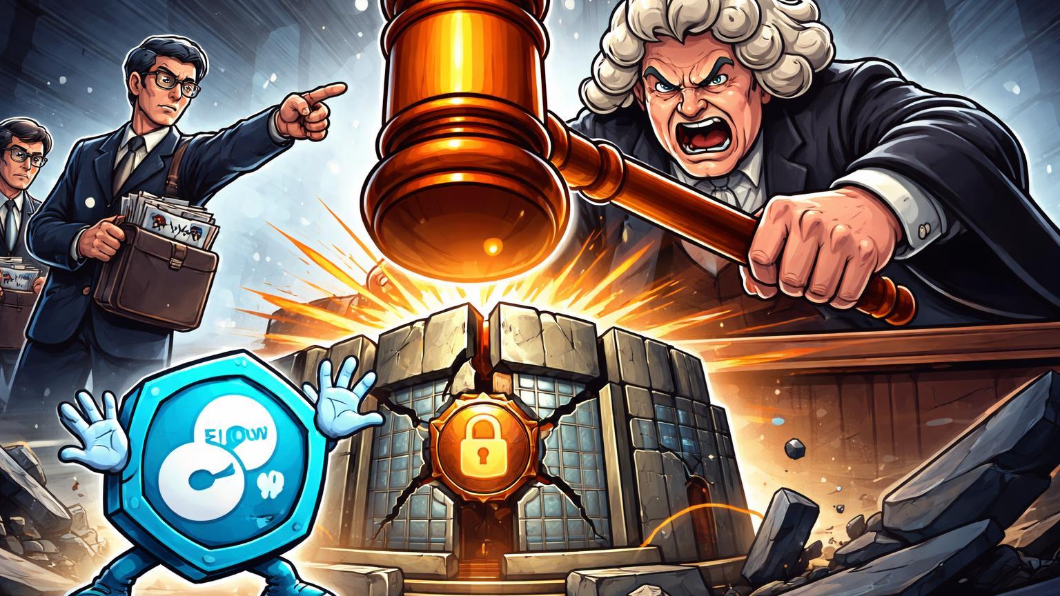 Juiz cartoon batendo martelo sobre fortaleza exchange rachada com token FLOW protestando, simbolizando riscos regulatórios na Coreia do Sul