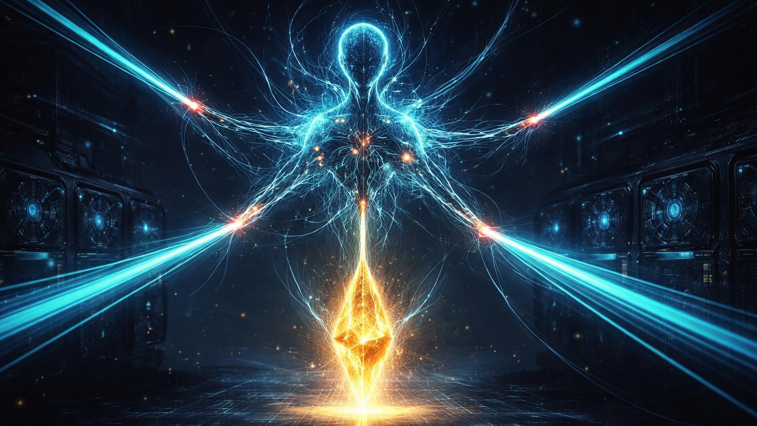 Entidade neural cibernética desviando feixes de energia de GPUs para cristal dourado de mineração, simbolizando IA autônoma em cripto
