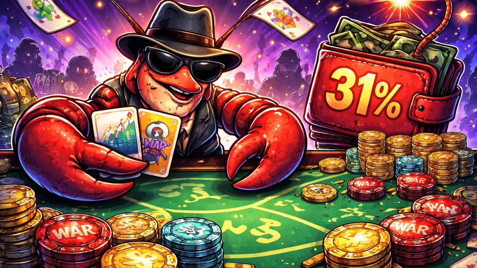 Lagostim cartoon em mesa de cassino caótica apostando fichas S&P 500 e moedas WAR com wallet de 31% em risco, satirizando apostas em Polymarket e memes