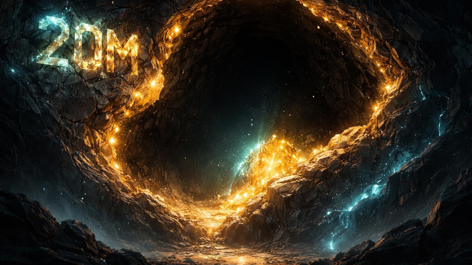 Veia cristalina dourada quase esgotada em caverna digital, com 5% restante brilhando e '20M' gravado, simbolizando escassez do Bitcoin