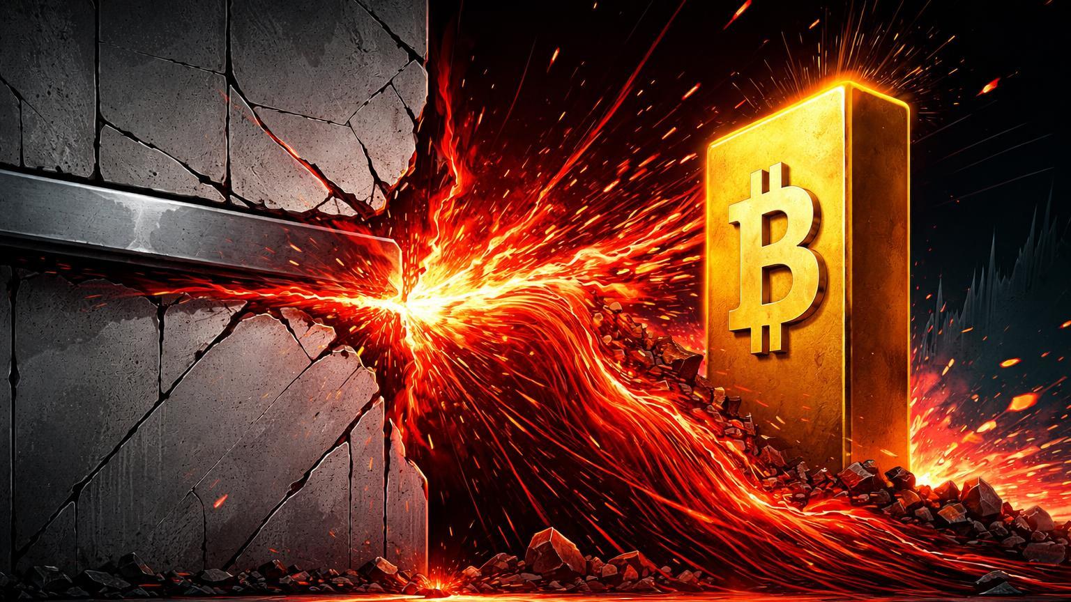 Parede de suporte rompida liberando fluxo vermelho caótico contra monolito dourado Bitcoin, representando pânico NASDAQ e risco macro em 2026