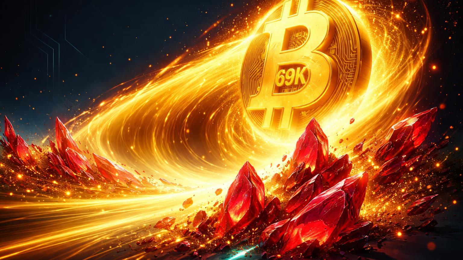 Onda dourada liquidando cristais vermelhos com forma BTC marcada 69K, simbolizando alta do Bitcoin e squeeze de shorts alavancados