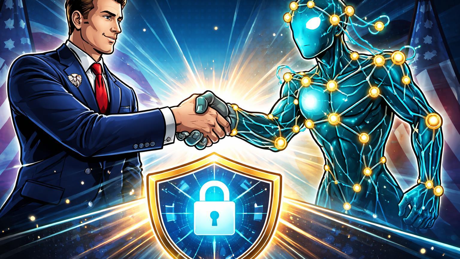 Personagens cartoon da Casa Branca e blockchain apertando mãos sobre escudo cibernético, simbolizando inclusão de cripto na estratégia de cibersegurança dos EUA