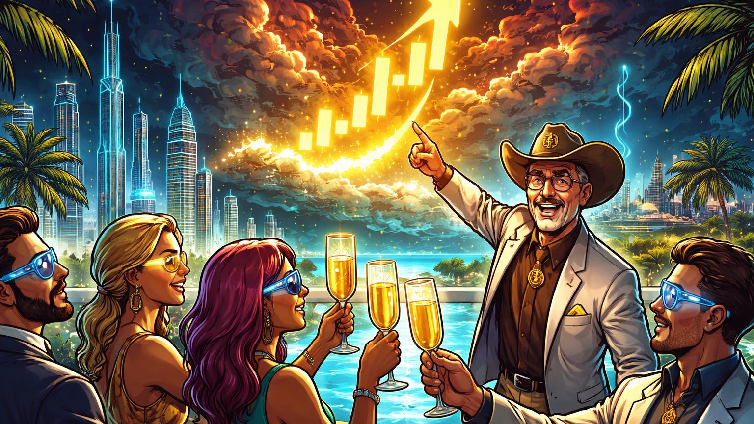 Participantes cartoon em evento luxuoso Dubai brindando previsão 'Banana Split' bullish do BTC, contrastando luxo com caos geopolítico