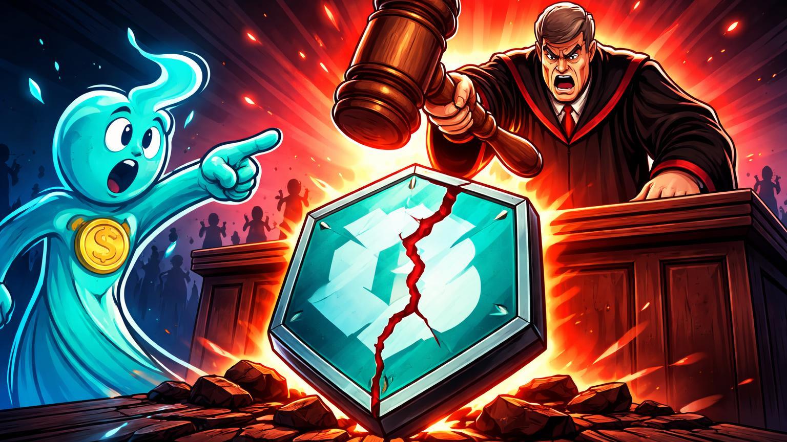 Juiz cartoon regulador erguendo martelo sobre escudo rachado de exchange, Flow protestando e investidores tensos, simbolizando crise em Bithumb e Coreia do Sul