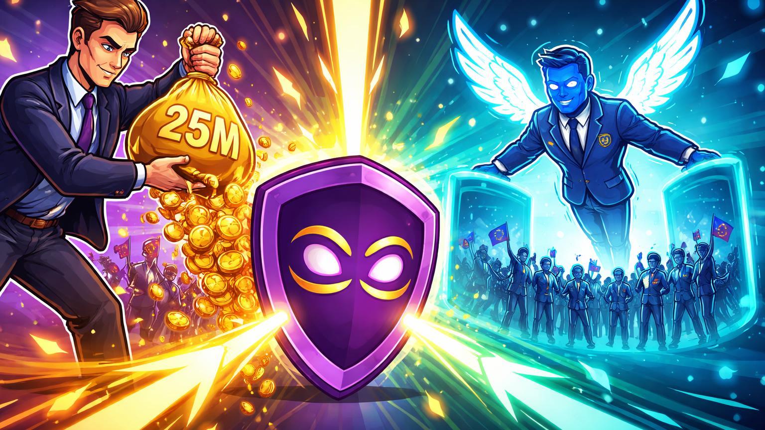 Investidores cartoon despejando capital '25M' em escudo Zcash enquanto Coinbase expande portais para traders europeus, simbolizando adoção cripto