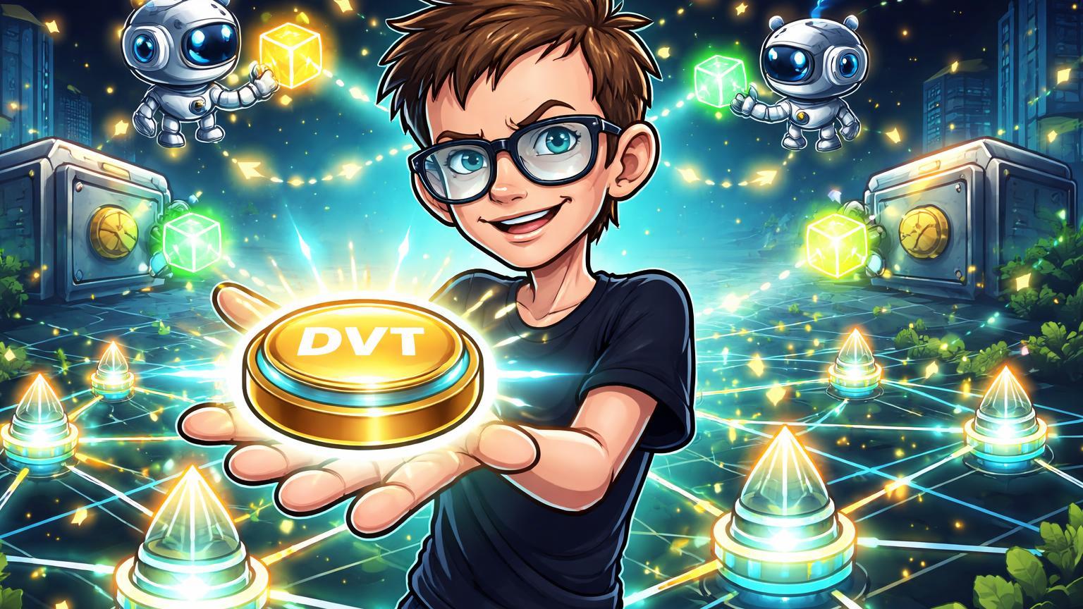 Vitalik cartoon apresentando botão DVT-lite one-click para staking Ethereum, com rede de validadores e agents IA seguros