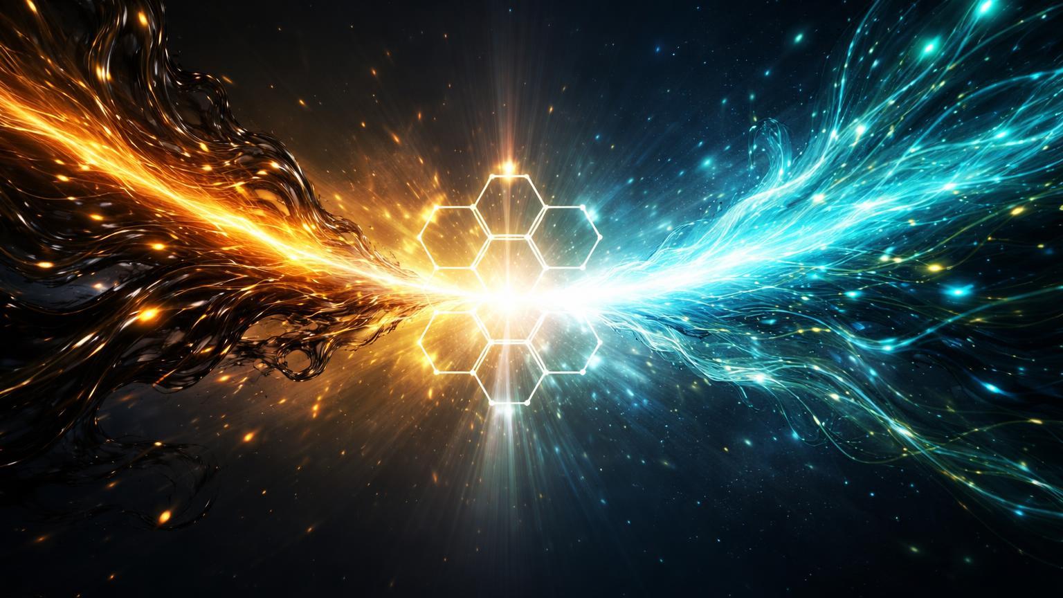 Fluxos viscoso dourado de petróleo tokenizado e elétrico cyan de IA convergindo em rede DeFi, simbolizando supremacia WTI sobre ETH na Hyperliquid