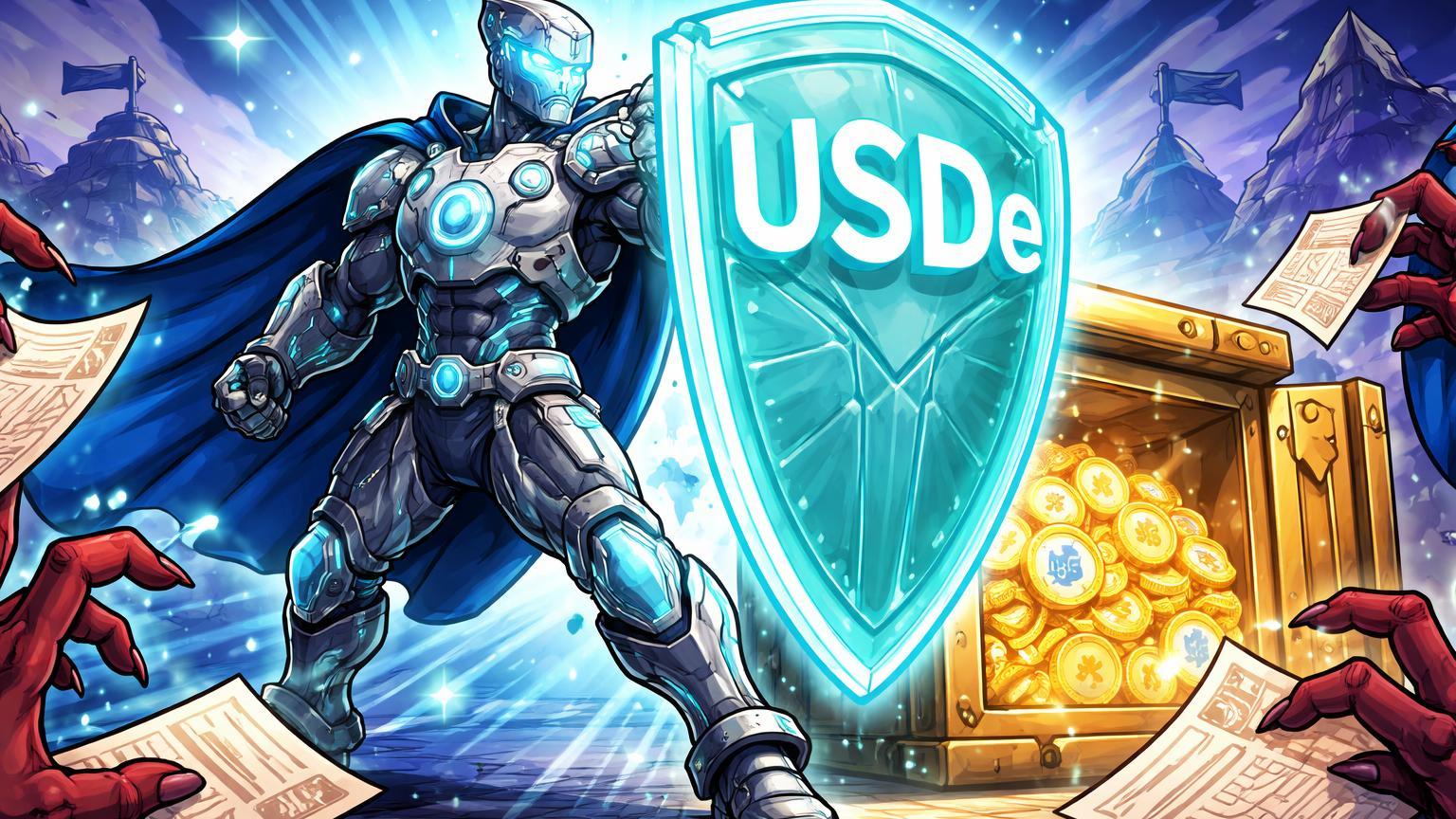 Herói DeFi cartoon erguendo escudo com USDe protegendo cofre de stablecoins de garras fiscais, simbolizando resistência a impostos no Brasil