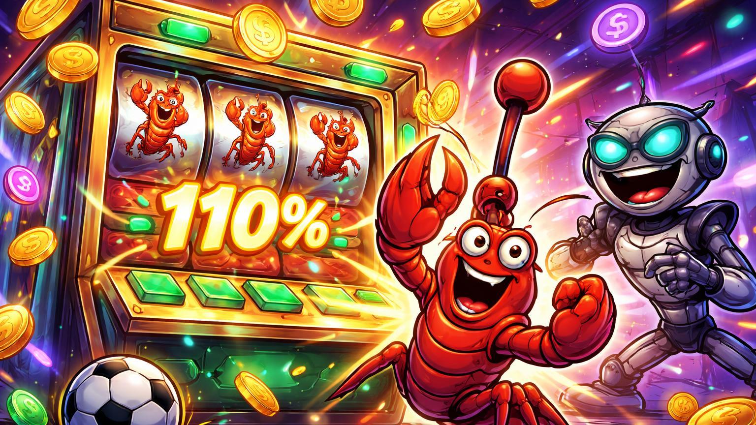 Lagostim cartoon vitorioso em máquina caça-níqueis explodindo com 110%, Grok IA rindo ao lado de bola futebol, capturando absurdo das meme coins