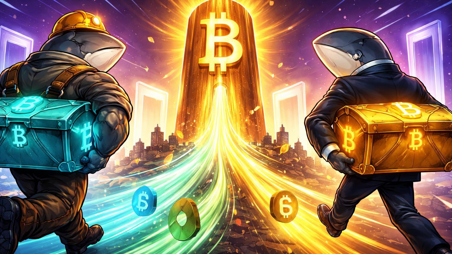 Figuras cartoon de baleias carregando baús ETH e BTC para exchanges, com fluxo convergindo para pilar BTC, ilustrando rotação de capitais