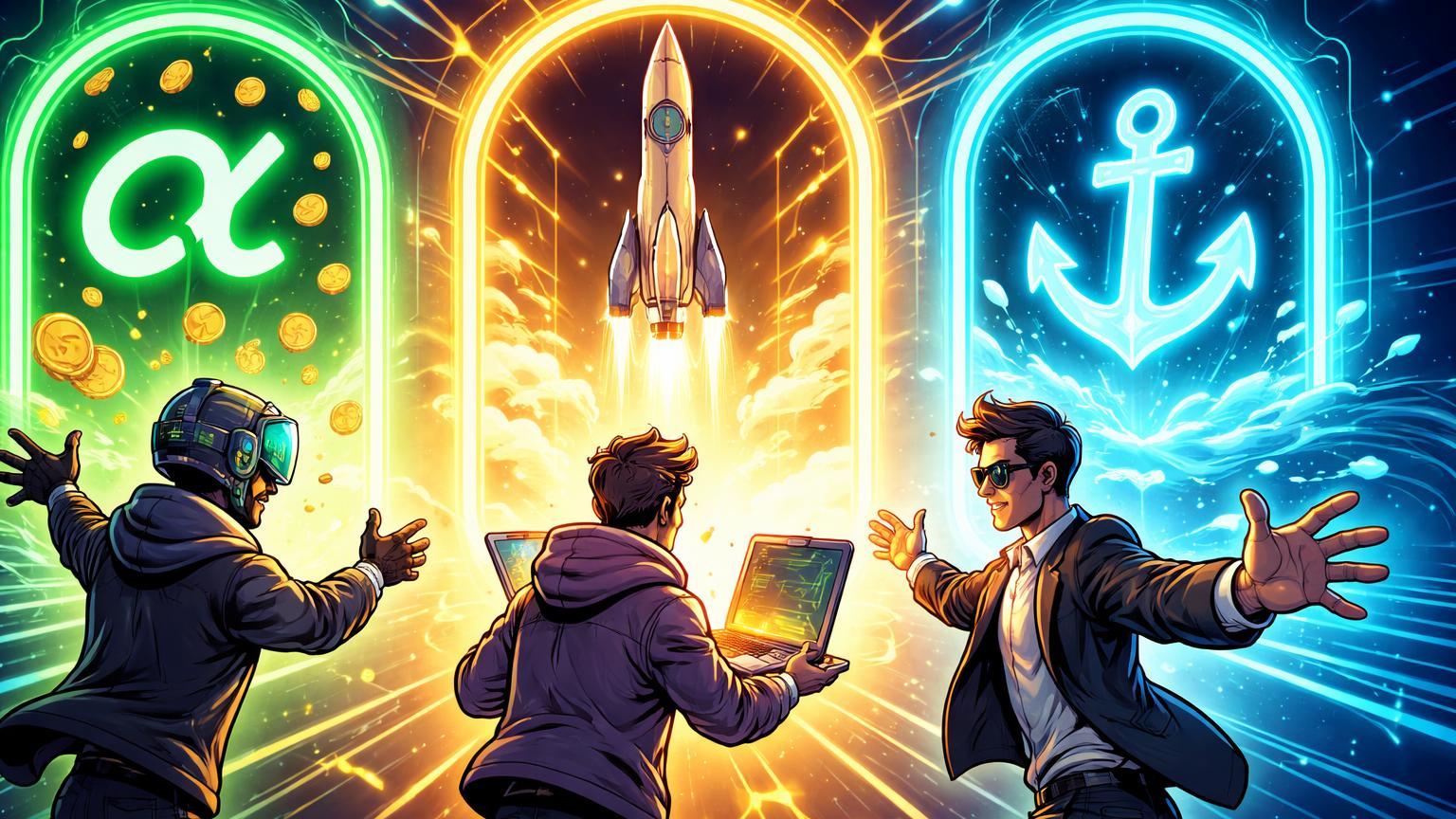 Investidores cartoon acessando portais luminosos de airdrop Alpha Binance, foguete SpaceX ARK e stablecoin USSD Sonic, simbolizando oportunidades de investimento