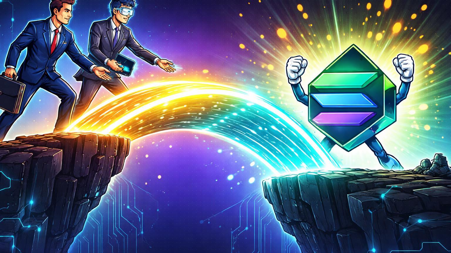 Executivos cartoon estendendo ponte luminosa para personagem Solana recebendo influxo dourado, simbolizando tokenização de ações por Nasdaq/Kraken e ETFs