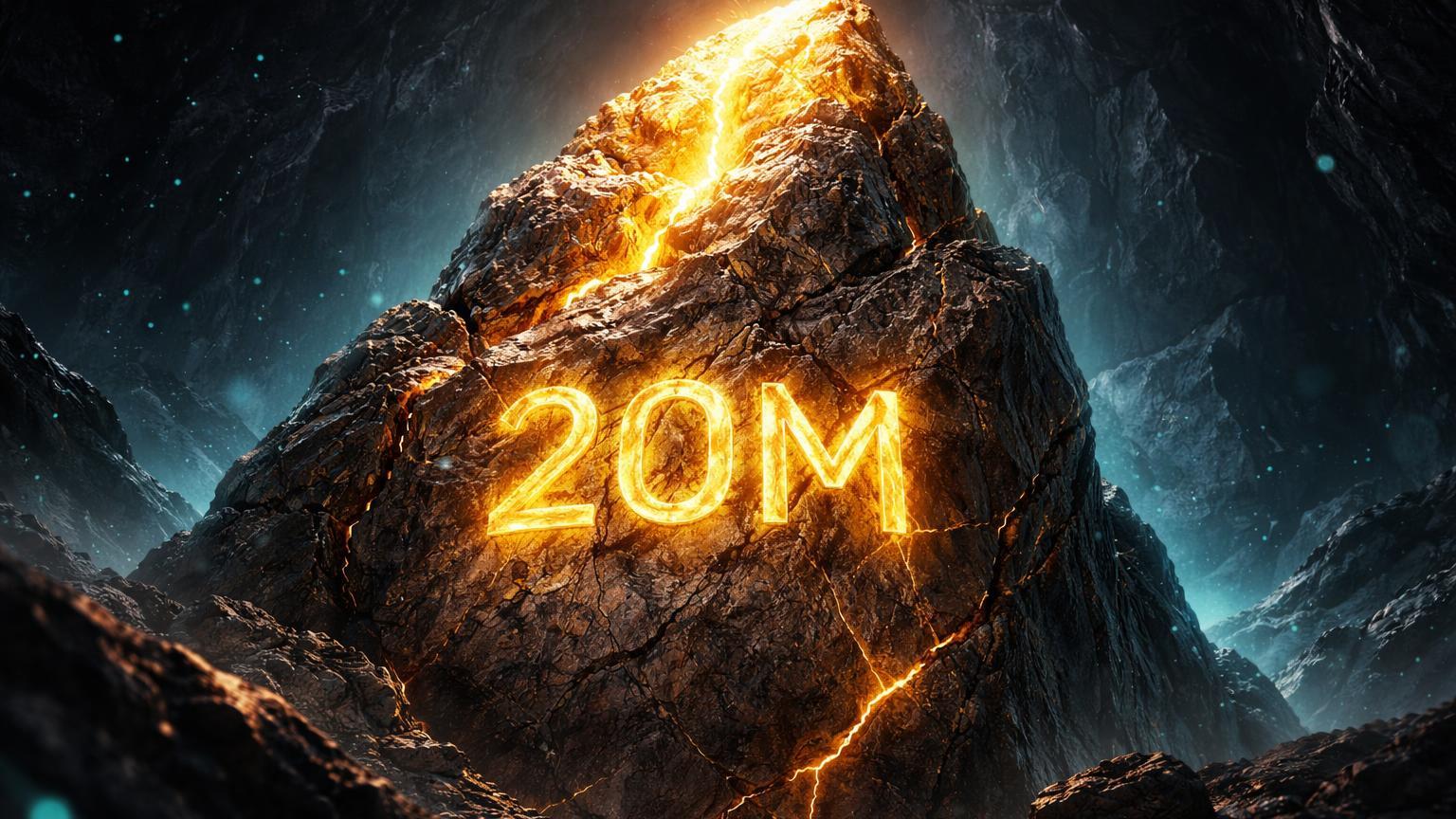 Veia de quartzo dourado esgotando com 20M gravado, simbolizando marco histórico de 20 milhões de Bitcoins minerados e escassez