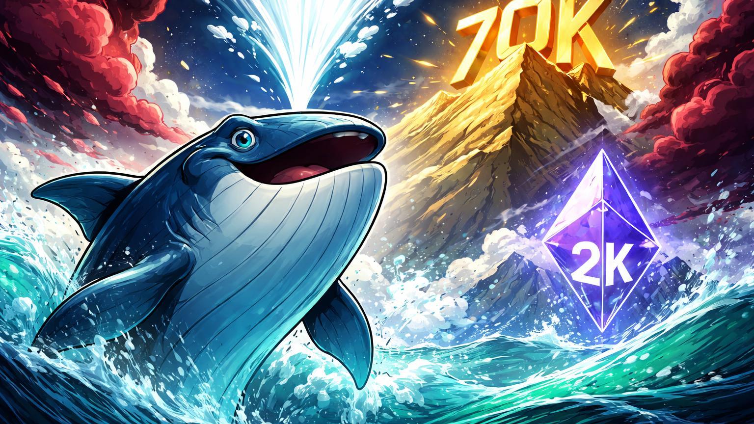 Baleia cartoon emergindo de oceano digital dissipando nuvens vermelhas, revelando pico BTC com 70K e ETH 2K, simbolizando alta pós-tensão Irã