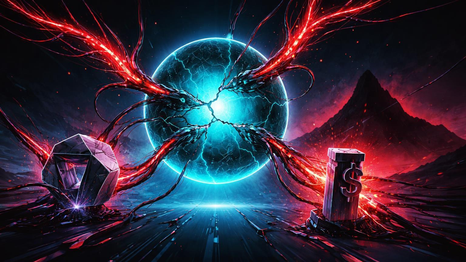 Núcleo de segurança digital fraturado com veias vermelhas de malware IA infectando nós NFT e stablecoins, alertando recorde de criminalidade cripto