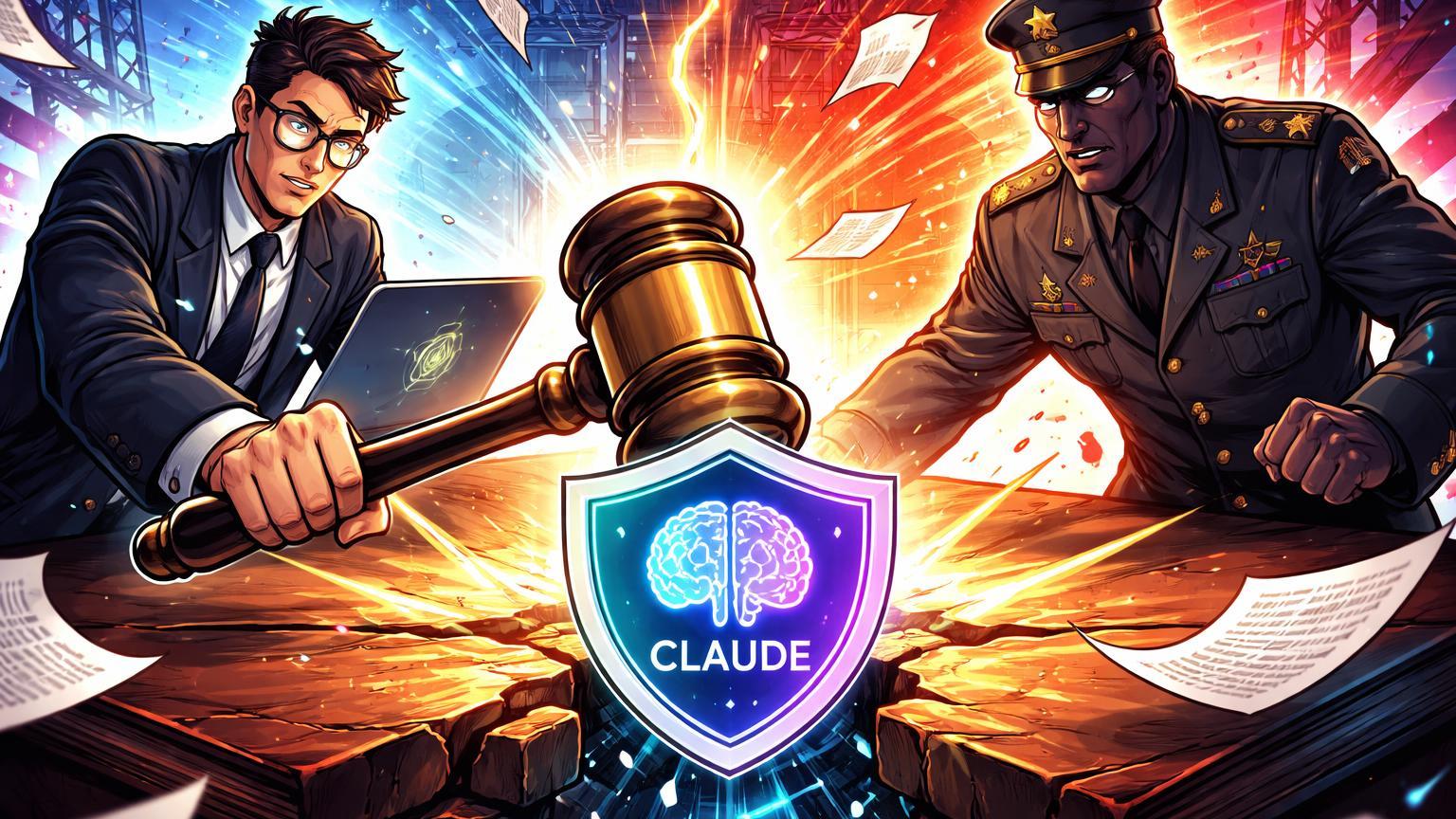 Executivo tech cartoon batendo martelo judicial contra figura governamental militar, protegendo ícone IA Claude em confronto ético