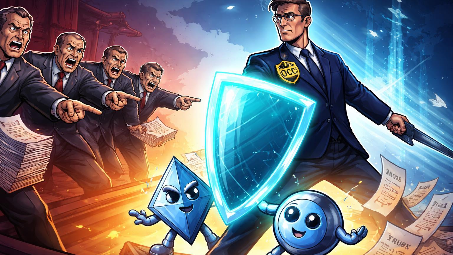 Executivos de bancos cartoon acusando regulador OCC que protege empresas cripto com escudo, destacando disputa por licenças e tensões geopolíticas