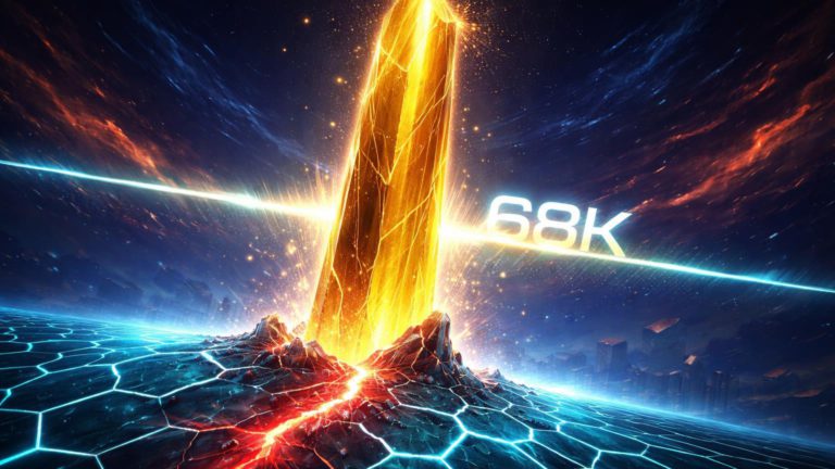 Pilar dourado superando barreira 68K em rede DeFi rachada e ondas geopolíticas, simbolizando rebound do Bitcoin e riscos em Solana