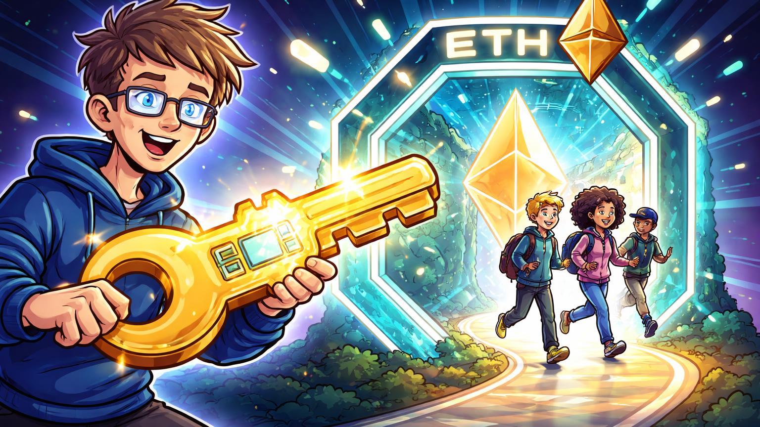 Vitalik cartoon com chave smart account abrindo portal Ethereum para iniciantes alegres, revolucionando usabilidade das criptomoedas