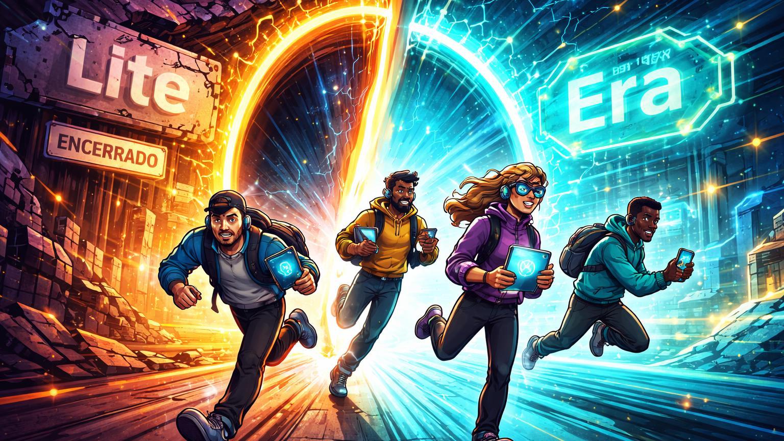 Usuários cartoon correndo por portal de migração de ZKsync Lite escura para Era brilhante, alertando sobre descontinuação em maio