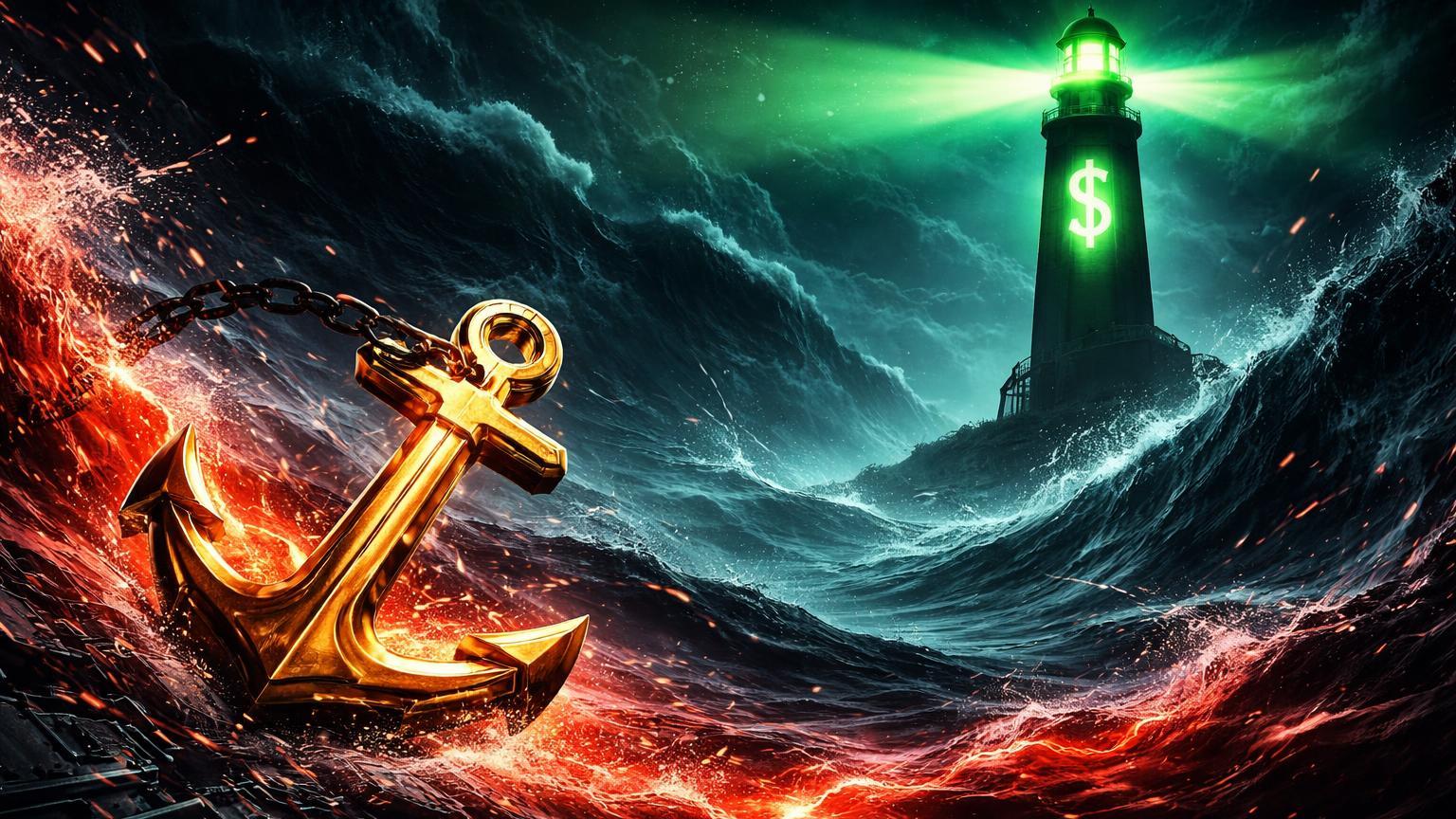 Farol verde cortando tempestade digital enquanto âncora dourada é arrastada por ondas, ilustrando dólar forte e falha do Bitcoin como porto seguro em caos geopolítico