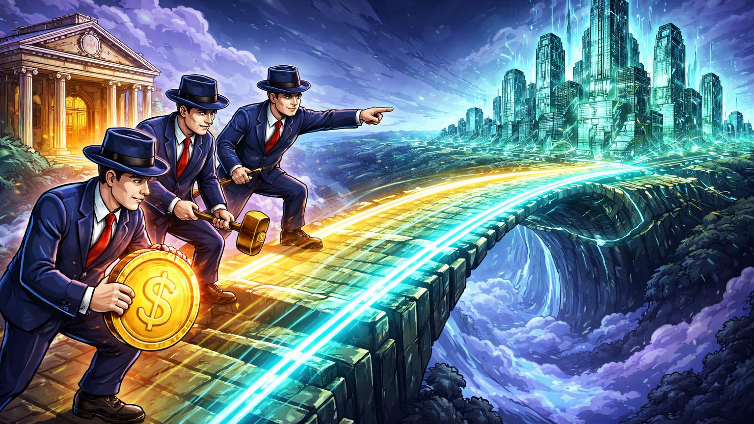 Banqueiros cartoon construindo ponte cyan-dourada de fortaleza tradicional para cidade blockchain, simbolizando adoção de stablecoins por Wall Street