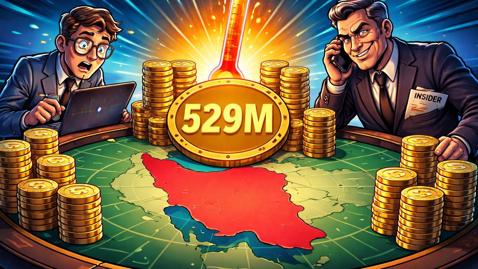 Apostadores cartoon em mesa de prediction market com mapa Irã, ficha 529M e envelope insider, simbolizando recorde suspeito no Polymarket