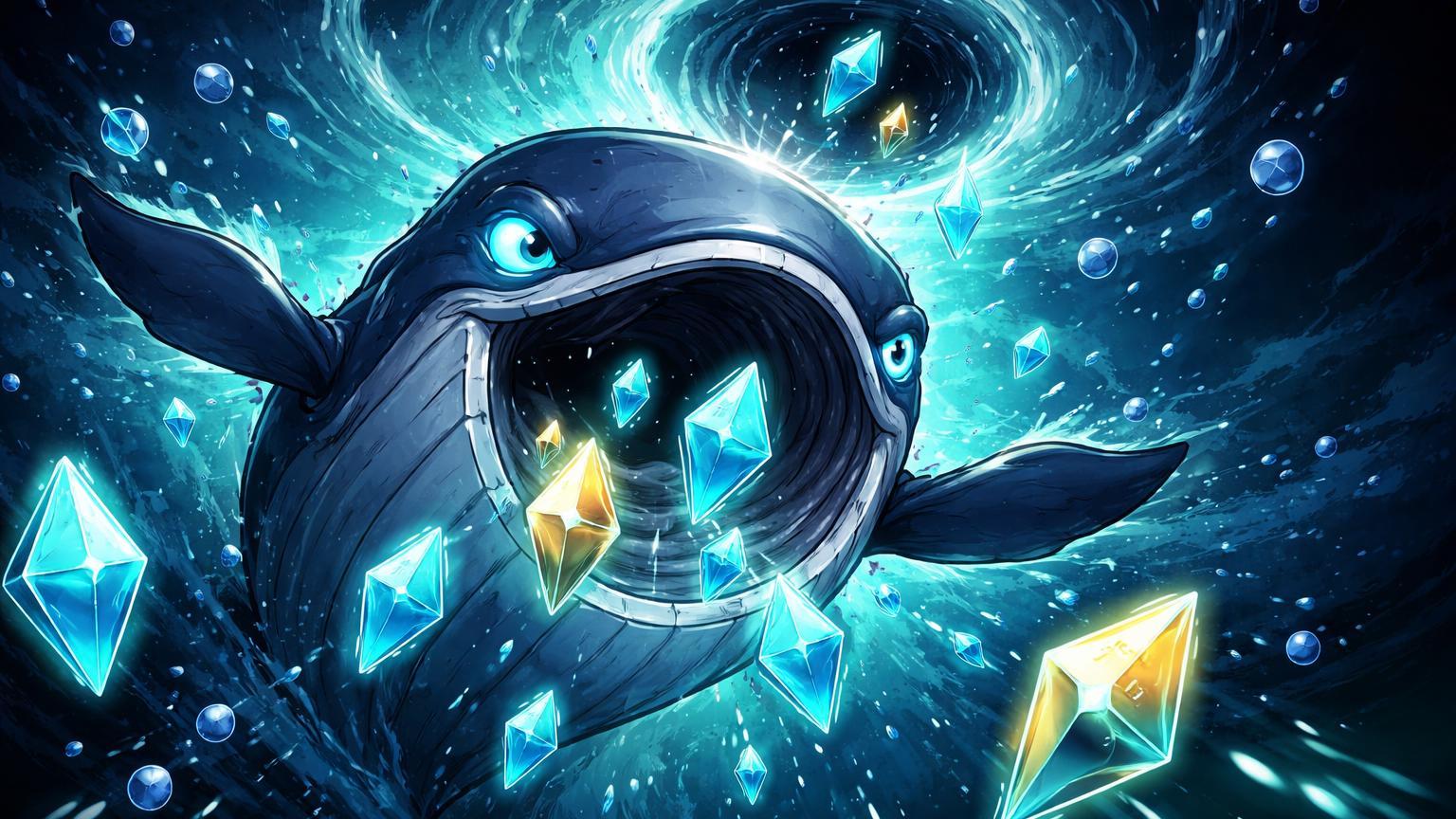 Baleia cartoon emergindo do oceano digital atraindo prismas ETH luminosos, simbolizando whale acordando para acumular Ethereum no dip